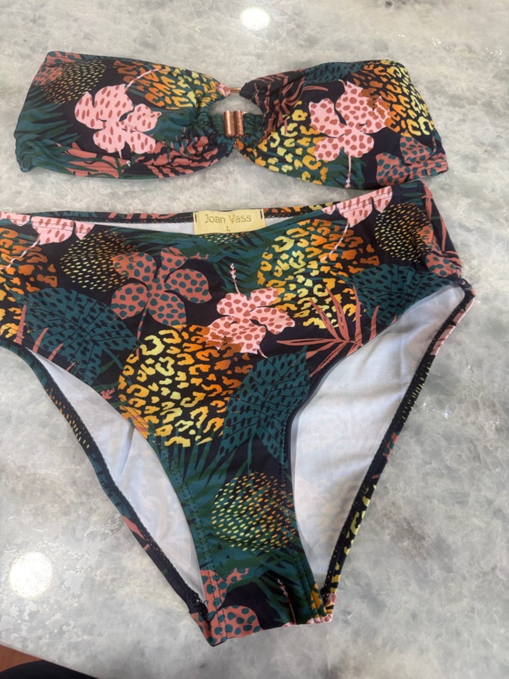 Joan Vass Tropical Floral Bandeau Bikini - Green, Pink, Orange